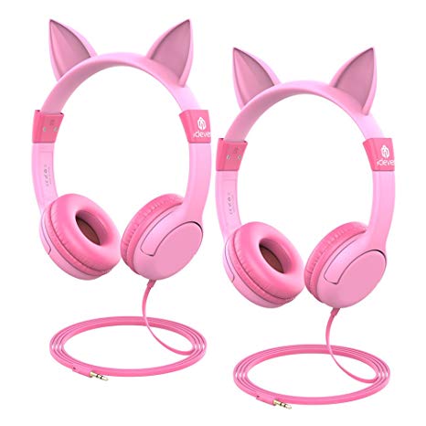 iClever HS01-2P kids headphones - Cat-Inspired On-ear Headphones for kids, 85dB Volume Control, Food Grade Silicone Lightweight Tangle-Free Cord, 3.5mm Audio Jack - Childrens Headphones, Pink - 2 Pack