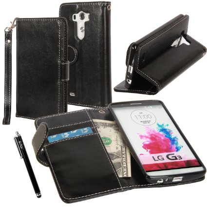 LG G3 Case LG G3 Flip Case - E LV LG G3 Deluxe PU Leather Folio Wallet Full Body Protection Case Cover for LG G3 with 1 Stylus - Black