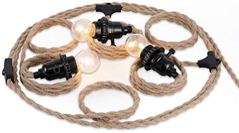ZOOSSI Triple E26/E27 Light Sockets Pendant Light Cord with Triple Independent Switch, Vintage Hemp Rope Farmhouse Pendant Lights, Plug in Hanging Light Cord Kit, Decoration Retro Lamp Cable DIY