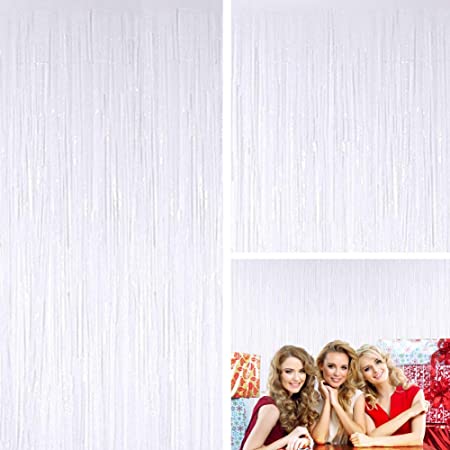 Moohome 2 Pack 3ft x 8ft White Foil Curtains Tinsel Fringe Curtains Shimmer Door Window Curtain Backdrop for Birthday Wedding Bridal Shower Halloween Photo Booth Party Decorations