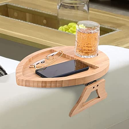 GEHE Bamboo Couch Arm Table, Leaf Shape Couch Tray Table with Anti-Knock Cup Groove, Sofa Armrest Tray Sofa Arm Table, Clip on Tray for Eating/Drinks/Snacks/Remote Control/Phone
