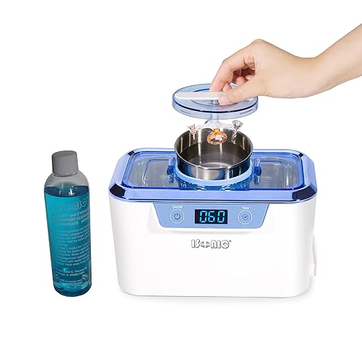 iSonic® DS310-WS CSGJ01 Miniaturized Commercial Ultrasonic Cleaner with Integrated Stainless Steel Beaker Holder Set, White and Sapphire Blue, with a Bottle of Cleaning Solution