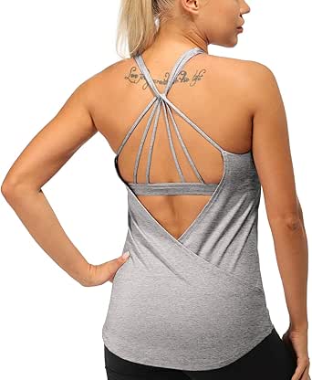 icyzone Built in Bra Workout Tank Tops for Women - Open Back Strappy Athletic Yoga Tops Exercise Running Gym Shirts