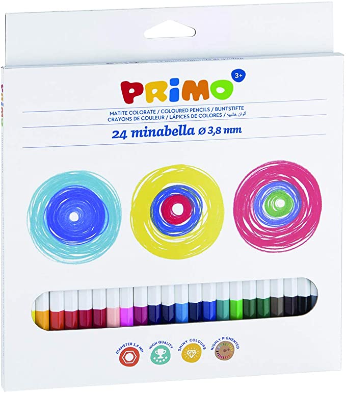 Morocolor PRIMO, Minabella colored pencils, 24 lacquered hexagonal colored crayons, colored pencils for children top quality diameter Ø 3.8mm, colored pencils, cardboard box, Made in Italy