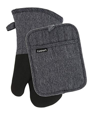 Cuisinart Kitchen Oven Mitt/Glove & Rectangle Potholder with Pocket Set- Neoprene for Easy Gripping, Heat Resistant Chambray Kitchen Accessories- Charcoal