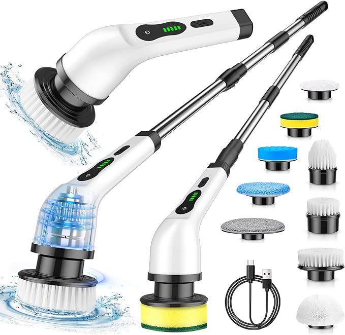 Electric Spin Scrubber, Cordless Cleaning Brush 1.5H Power Dual Speed, IPX7 Waterproof with 9 Replaceable Brush Heads