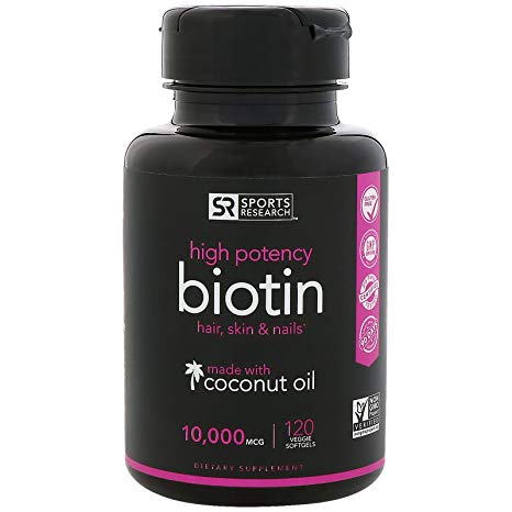 Biotin (High Potency) 10,000mcg Per Veggie Softgel; Enhanced with Coconut Oil For Better Absorption; Supports Hair Growth, Glowing Skin and Strong Nails; 120 Mini-Veggie Softgels; Made In USA.