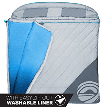 Wildhorn King Cove 30°F Premium Double Sleeping Bag. Massive 86"L X 72" W, Removable Washable Interior Liner, Double to Single Conversion.