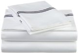 Pinzon Hotel Stitch 400-Thread-Count 100-Percent Egyptian Cotton Sateen Sheet Set Queen White with Navy Stripes