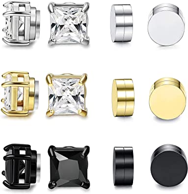 FIBO STEEL 6 Pairs Magnetic Stud Earring for Men Women Round Square CZ Magnet Non Pierced Clip On Earrings Set