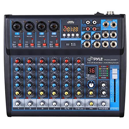 Pyle 8-Ch. Studio DJ Mixer [Audio Interface Mixing Sound System] Bluetooth Wireless Streaming | USB/Computer Connection Interface | Digital MP3 Support |  48V Phantom Power (PMXU83BT)