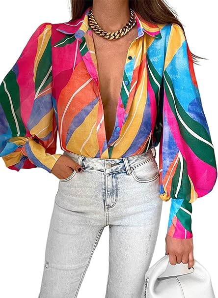 EVALESS Womens Tops Button Down Shirts Ladies Boho Print Casual Long Sleeve Loose Blouses for Women Fashion 2023