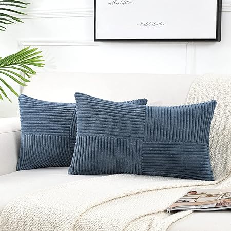 Fancy Homi 2 Packs Dusty Blue Long Lumbar Decorative Throw Pillow Covers 12x24 Inch for Couch Bed Sofa, Rustic Farmhouse Boho Home Decor, Soft Striped Corduroy Rectangle Accent Cushion Case 30x60 cm