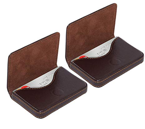 NISUN Combo of 2 Leather pocket sized credit/buisness/debit card holder case wallet with Magnetic Shut for Present (Brown)