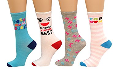 Women's Fun and Colorful 4 Pair "Mother's Day" Crew Socks and FREE Gift box