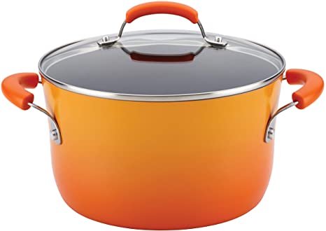 Rachael Ray 16084 Brights Nonstick Stock Pot/Stockpot with Lid, Aluminum, 6 quarts, Orange Gradient