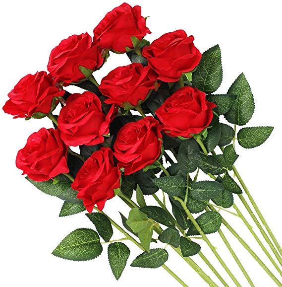 Veryhome Artificial Flowers Silk Roses Fake Bridal Wedding Bouquet for Home Garden Party Floral Decor 10 Pcs (Red Curved stem)