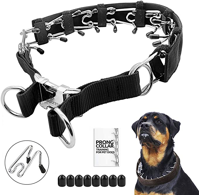 Prong Dog Training Collar with Protector, 4.0 mm x 23.6", Steel Chrome Plated Dog Prong Collar, Pinch Collar for Dogs (M, Black)