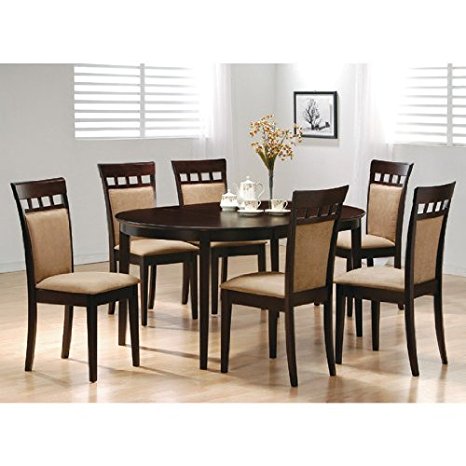 7pc Contemporary Cappuccino Finish Solid Wood Dining Table Chairs Set Oval
