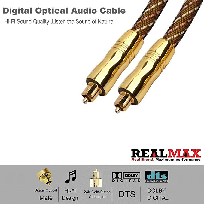 REALMAX Toslink Cable 1m 2m 3m 4m 5m 10m Digital Fiber Optical Male to Male Lead Audio Premium Quality Supports LG Samsung Sony Philips Sound Bar Smart TV HDTV Home Theater PS4 Xbox PlayStation【 1m】