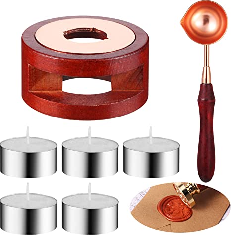 Mudder 7 Pieces Wax Seal Kit, Wax Seal Warmer Melting Spoon and 5 Pieces Tea Candles, Wax Sticks Wax Beads Melting Furnace Tool for Wax Sealing Stamp Greeting Wedding Invitation Card