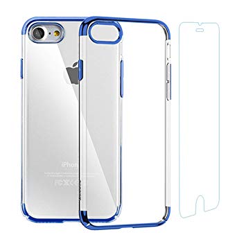 iPhone Case and Screen Protector Set Crystal Clear TPU Cover Case with Soft Shock Absorption Bumper and Tempered Glass Screen Protector for iPhone 6 Plus/6s Plus(Blue)