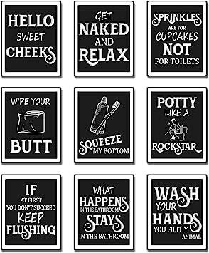 9 Pieces Bathroom Wall Art Wall Decor, Funny Vintage Bathroom Sign Bathroom Quotes Sayings Art Prints Bathroom Posters for Wall Restroom Bathroom Decor Pictures, Unframed (White Font)