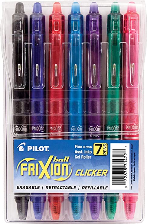 PILOT FriXion Clicker Erasable, Refillable & Retractable Gel Ink Pens, Fine Point, Assorted Color Inks, 31472, 1 Pack of 7