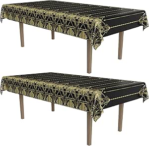 Beistle Great 20’s Print Tablecover, 108" L x 54" W, 2 Piece – Plastic Table Cloth, Black & Gold Party Decorations, Hollywood Party Decorations, Table Decorations for Party, Roaring 20’s Party Decor