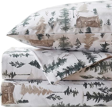 Flannel Sheets Warm and Cozy Deep Pocket Breathable All Season Bedding Set with Fitted, Flat and Pillowcases, Queen, Winter Cabin Lodge