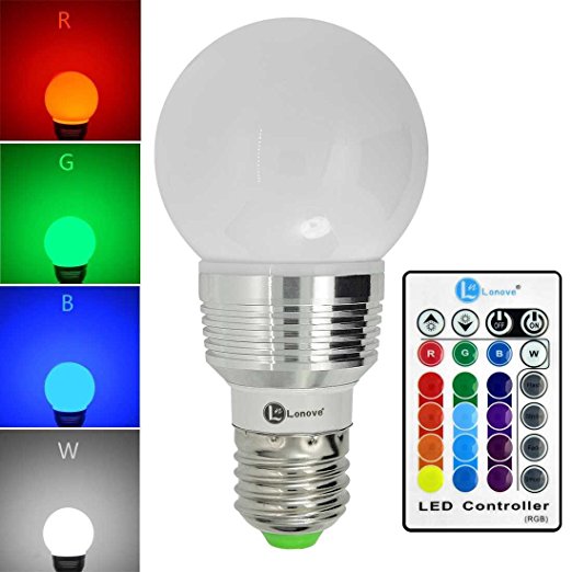 LONOVE Color Changing RGB LED Light Bulb 3W Remote Control Dimmable Lamp E27/E26 Standard Screw Base