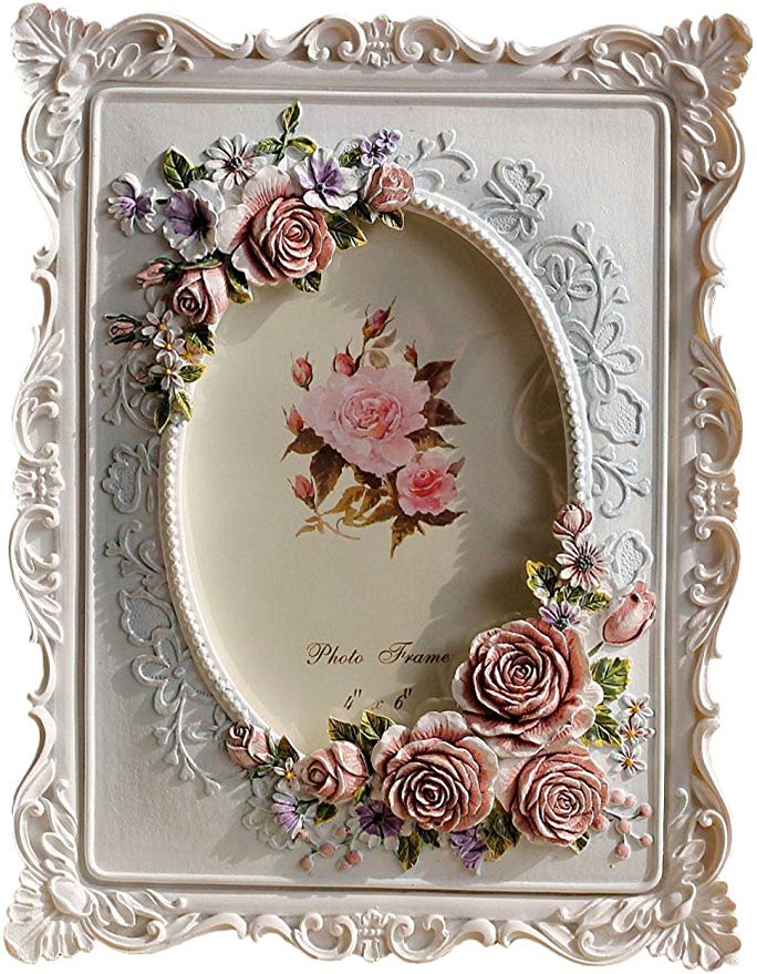 Giftgarden 4x6 Rustic Picture Frame Rose Decor White Frames 6x4 inch Photo for Mother Gift, Wedding Gift, Birthday Gift