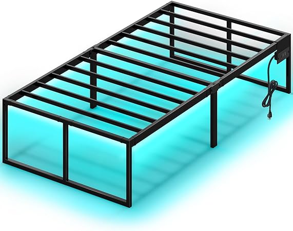 Rolanstar Bed Frame with USB Charging Station, Twin Bed Frame with LED Lights, Platform Bed Frame with Heavy Duty Steel Slats, 16" Storage Space Beneath Bed, No Box Spring Needed, Noise Free