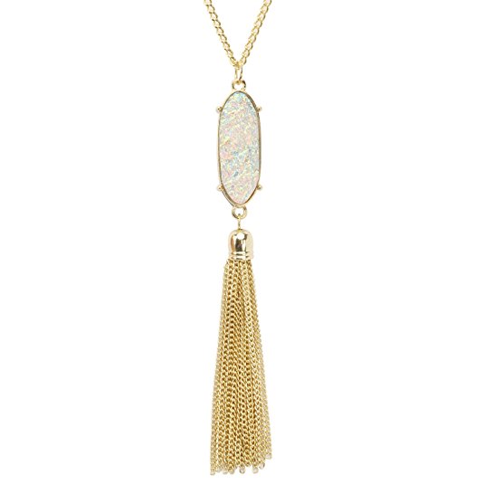 KISSPAT Sparkly Faux Druzy Pendant Tassel Necklace Gold Tone Long Chain Statement Jewelry for Women