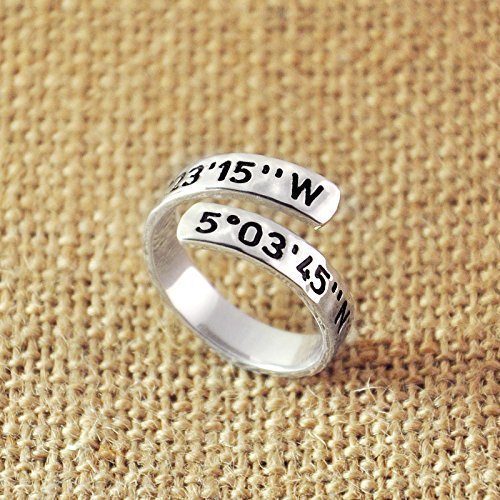 Personalized Ring, Custom Longitude & Latitude, Engraved Spiral Ring, Hammered Ring, Customized Coordinate Ring