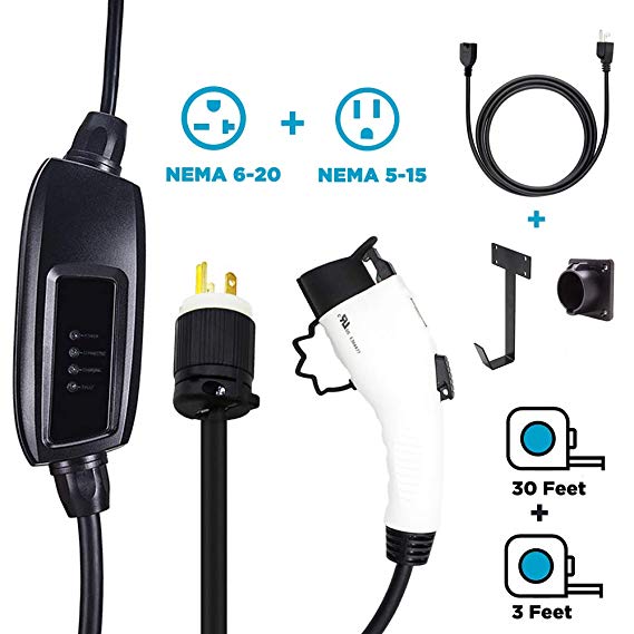 Zencar Level 2 EV Charger(100-240V,16A,30ft 3ft) Portable EVSE Home Electric Vehicle Charging Station Compatible with Chevy Volt, Nissan Leaf, Fiat, Ford Fusion(NEMA6-20 with Adapter for NEMA5-15)