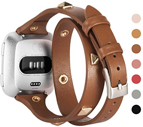 Wearlizer Leather Double Tour Band Compatible with Fitbit Versa/Versa 2 /Versa Lite/Versa SE Women Men,Slim Genuine Leather Rivet Watch Bands Compatible for Fitbit Versa