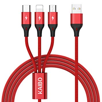 Multi USB Charging Cable, KAIBO 4ft/ 1.2m Nylon Braided 3 in 1 multi Charger Cable with Micro USB Type C Connector for Phone Xs Xr X 8 7 6 SE, Samsung Galaxy, Huawei, Xiaomi, Sony, Kindle, Echo Dot