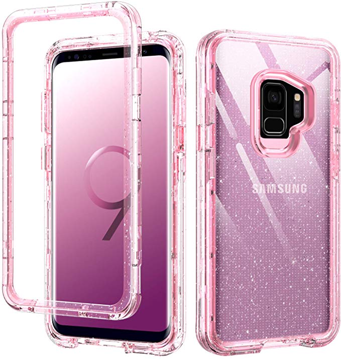 Galaxy S9 Case Clear,S9 Case,DUEDUE 3 in 1 Glitter Shockproof Drop Protection Heavy Duty Hybrid Hard PC Cover Transparent TPU Bumper Full Body Protective Clear Case for Samsung Galaxy S9,Rose Gold