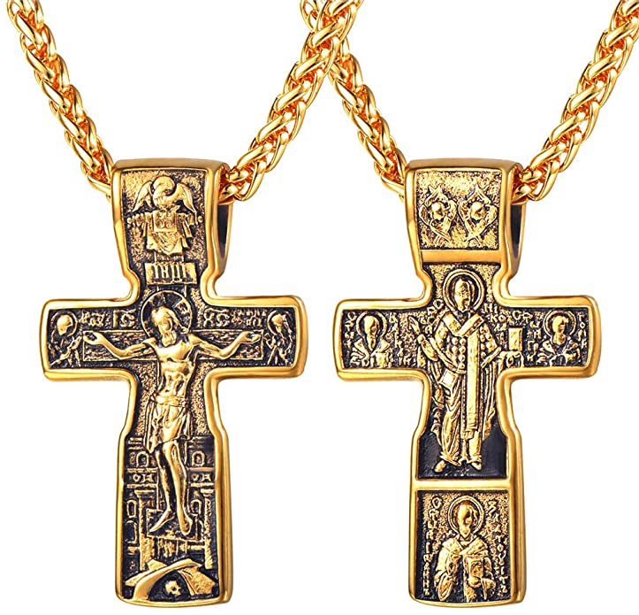 U7 Vintage Crucifix Pendant Christian Jewelry Vintage Black Plated/Stainless Steel/18K Gold Plated Orthodox Cross Catholic Necklace