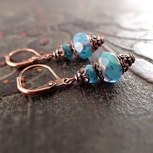 Blue Turquoise Colored Czech Glass Leverback Earrings with Antiqued Copper