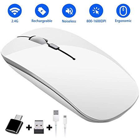 Rechargeable Wireless Mouse Ultra-Thin 2.4Ghz Mute Computer Mouse Mini Portable Office Mobile Mouse Three-Speed DPI Free Adjustment Slow Speed Comes with USB Receiver for Laptop, PC - White