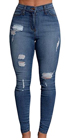 Pxmoda Women's Denim Stretch Jeans Skinny Ripped Distressed Pants