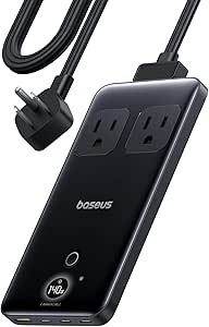 Baseus Blade Charging Station 140W, 6-in-1 Compact USB C Power Strip, 5ft Detachable Flat Extension Cord with 2AC, 3 USB-C, 1 USB-A, Digital Display, Slim Fast Desktop Charger for Work and Travel