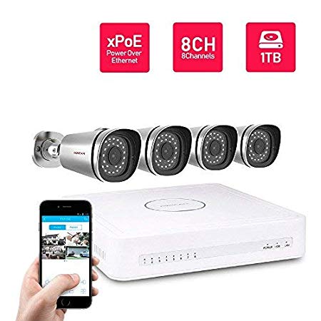 Refurbished Foscam 8CH xPoE 720P Security CCTV， Power Over Ethernet NVR KIT, Pre-Installed 1TB HDD,720P Outdoor IP66 Waterproof IP Camera, 65FT Night Vision, FN3108XE-B4-1T