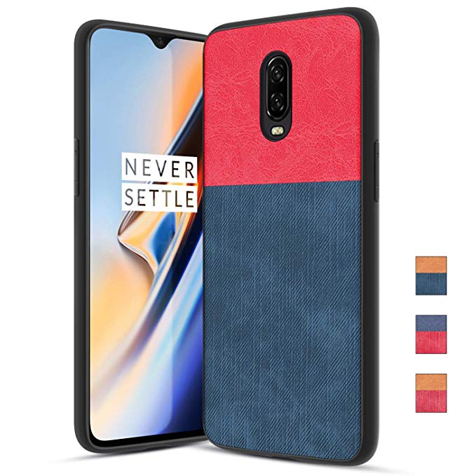 OnePlus 6T Case with Dual Layer Shockproof Half PC Back & TPU Soft Jeans Lines Full-Body Protective Armor Scrape Proof Heavy Duty case, Red Blue