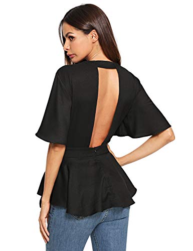 Romwe Women's Sexy Backless Knot Back Top Peplum Ruffle Blouse