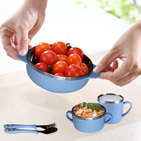 Kids Feeding Set, Wheat Straw and Stainless Tableware , Dinnerware, Dining Set for baby Include Bowl / Cup / Spoon / Fork, Eco Friendly and Safe (Blue)
