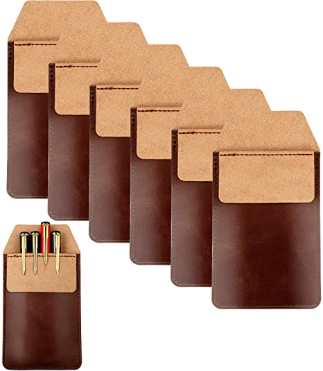 6 Pieces Leather Pocket Protector Durable Pen Holder Pencil Pouch for Shirts Lab Coats, 6.1 x 3.3 Inch (Brown)