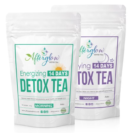 Detox Tea Combo: Best for Weight Loss, Natural Body Cleanse, Reduce Bloating. Morning Teatox with Green Tea, Oolong, Ginger and Night Tea with Rooibos, Senna, Juniper. 14 Day Detox by Afterglow Tea